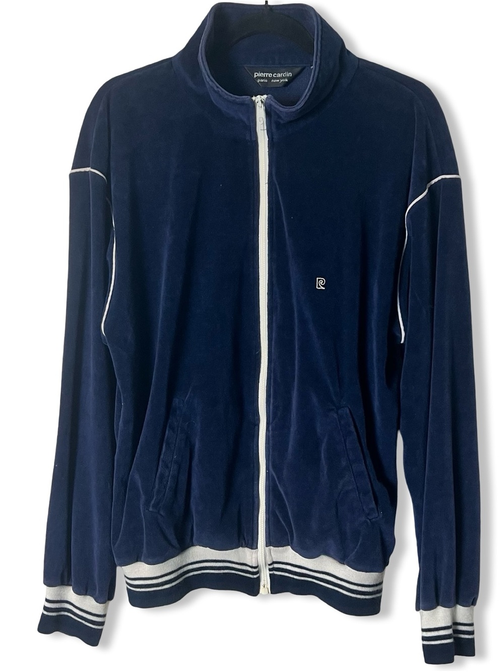 Vtg 70s Pierre Cardin Paris New York Navy Velour Track Jacket Logo Zipper Sz L